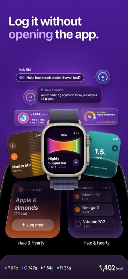Log it without opening the app: Apple Watch, widgets and Siri.