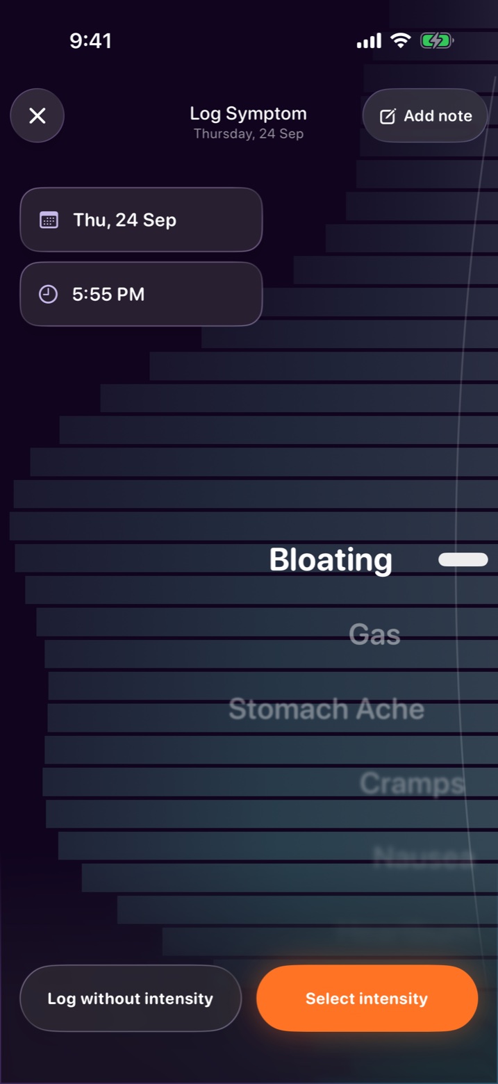 Log Symptom: a wheel of symptom names.