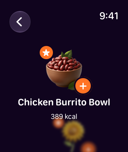 A meal logged from the wrist: chicken burrito bowl.